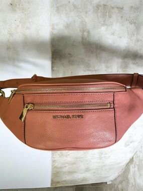 Michael Kors Coral-Peach Pebbled Leather Crossbody Belt Bag with ft Gol Hardware